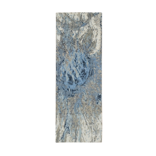 Gray and Blue, Abstract Design Hi-Low Pile, Wool and Silk Hand Knotted, Runner Oriental Rug