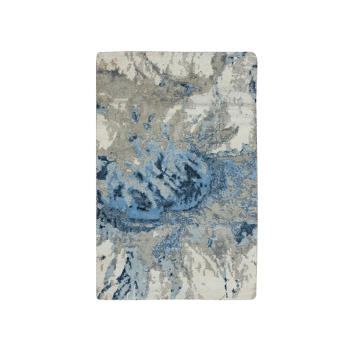 Gray and Blue, Hi-Low Pile Wool and Silk, Hand Knotted Abstract Design, Mat Oriental 
