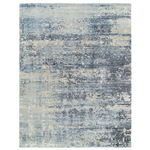 Blue and Gray, Wool and Silk Hand Knotted, Modern Abstract with Mosaic Design, Oversized Oriental 