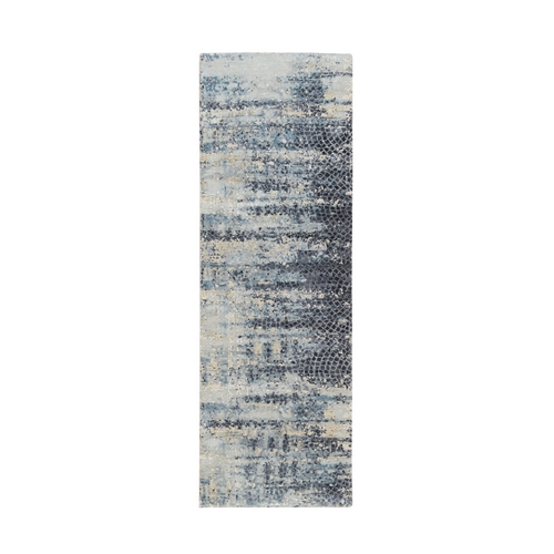 Blue and Gray, Modern Abstract with Mosaic Design, Wool and Silk Hand Knotted, Runner Oriental 