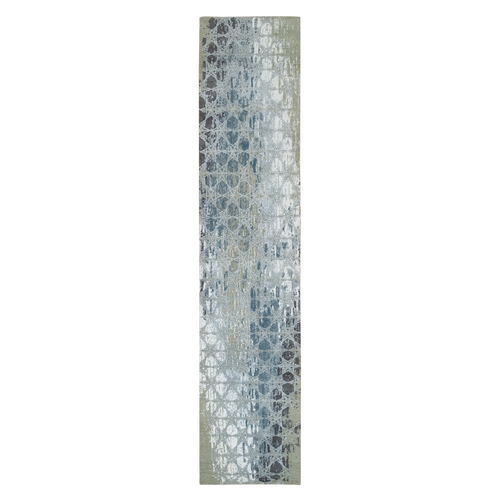 Gray and Blue, Hand Knotted Wool and Silk, THE HONEYCOMB Award Winning Design, Runner Oriental Rug