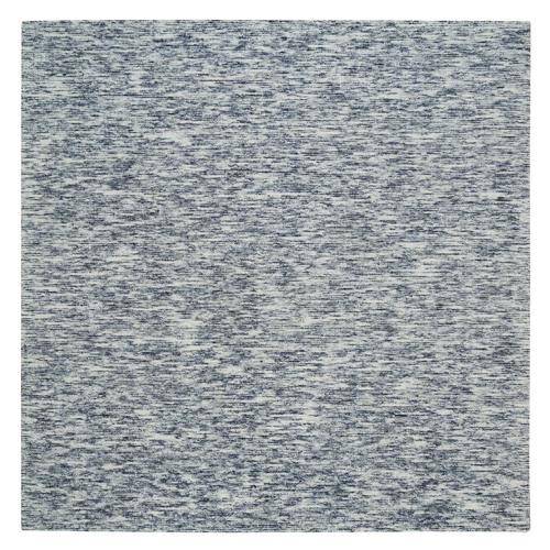 Blue and Ivory, Modern Striae Design Soft Pile, Pure Wool Hand Loomed, Square Oriental 