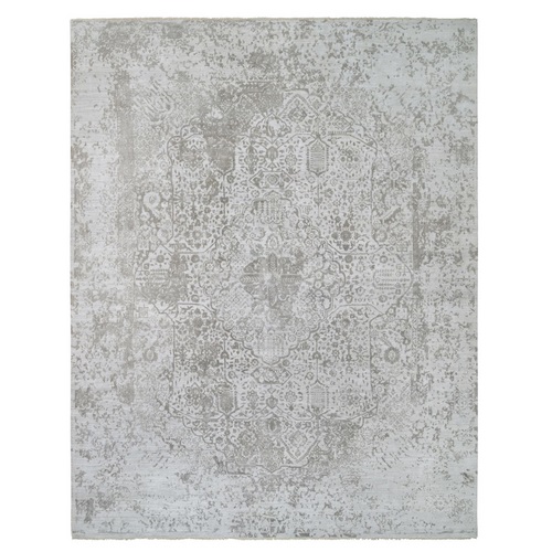 Gray, Broken Persian Design, Hand Knotted Wool and Pure Silk, Oversized Oriental Rug