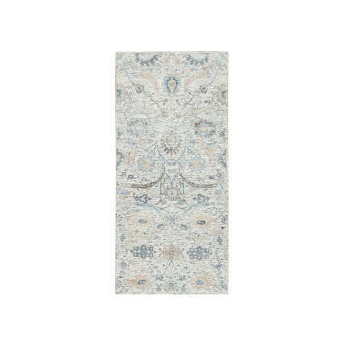 Ivory, Sickle Leaf Design Silk with Textured Wool Hand Knotted Soft Pile, Runner Oriental Rug