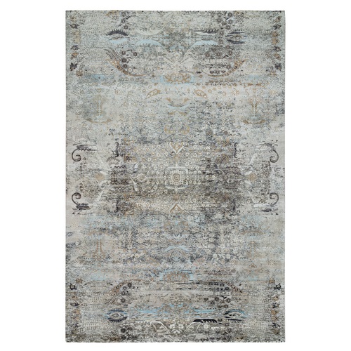 Gray, Transitional Persian Influence Erased Medallion Design, Silk with Textured Wool, Hand Knotted, Oversized Oriental 