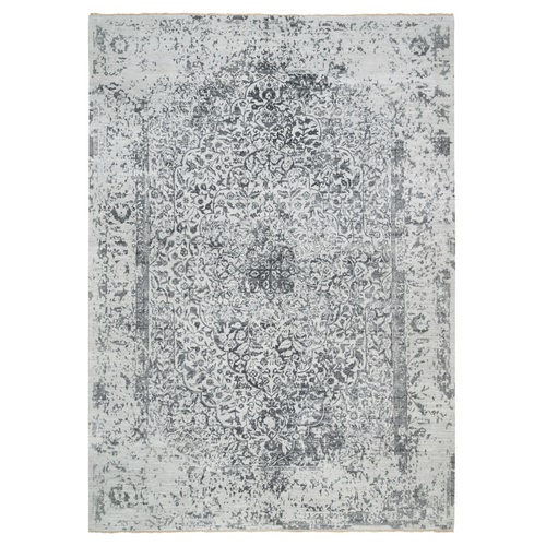 Gray, Hand Knotted Broken Persian Design, Wool And Pure Silk, Oriental Rug