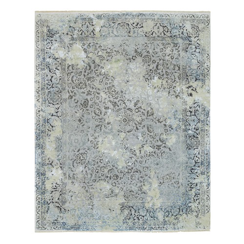 Light Gray, Pure Silk with Wool Hand Knotted, Broken Kashan Design, Oriental Rug