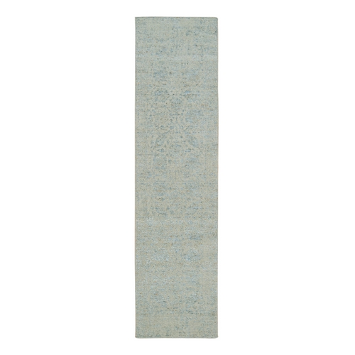 Gray with Touches of Blue, Fine Jacquard Hand Loomed, Tabriz Design, Wool and Plant Based Silk Runner Oriental Rug
