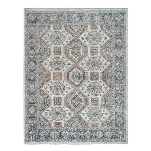 Ivory, Plush and Lush Pile Pure Wool, Hand Knotted Karajeh Heritage Design, Oriental Rug