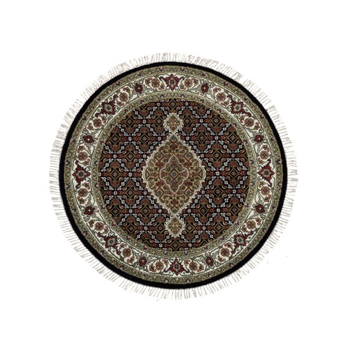 Obsidian Black, Tabriz Mahi with Fish Medallion Design, 175 KPSI, Hand Knotted, Pure Wool, Unique Round Oriental Rug
