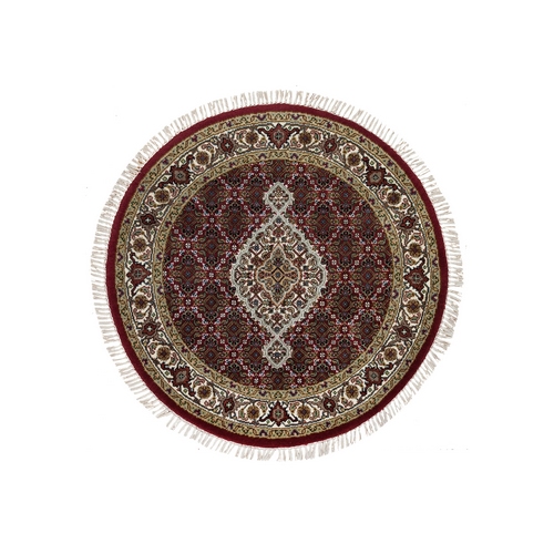 Mahogany Red, Tabriz Mahi with Fish Medallion Design, Hand Knotted, 175 KPSI, Pure Wool, Round Oriental Rug