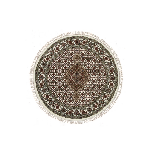 Porcelain White with Beaver Brown, Hand Knotted, 175 KPSI, Organic Wool, Tabriz Mahi with Fish Medallion Design, Round Oriental Rug