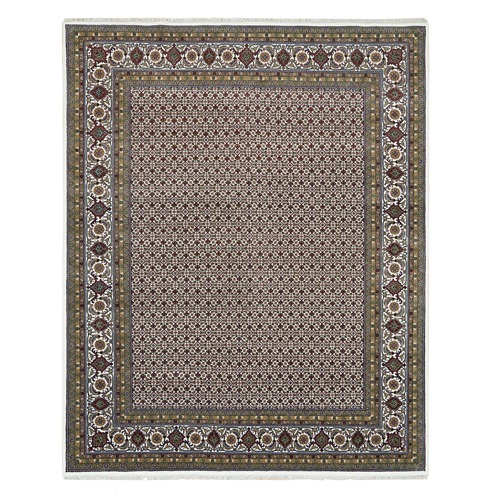 Daisy White, Herati with All Over Fish Mahi Design, 175 KPSI Thick and Plush, Pure Wool, Hand Knotted, Oriental Rug
