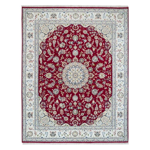 Burgundy Red, Nain with Center Medallion Flower Design, 250 KPSI, Pure Wool, Hand Knotted, Oriental Rug