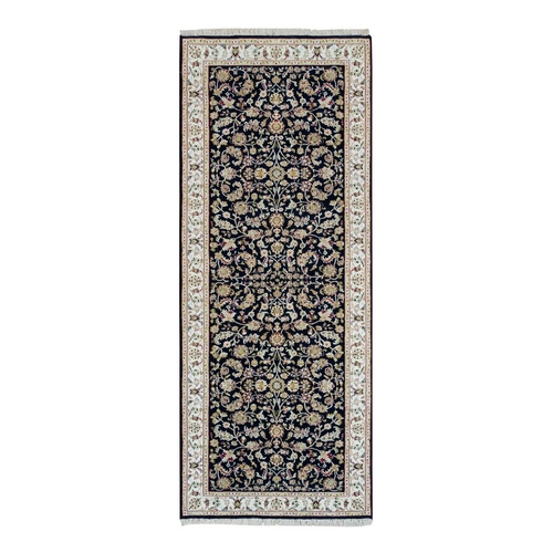Midnight Blue, Nain with All Over Flower Design, 250 KPSI, 100% Wool, Hand Knotted, made in India, Wide Runner Oriental Rug