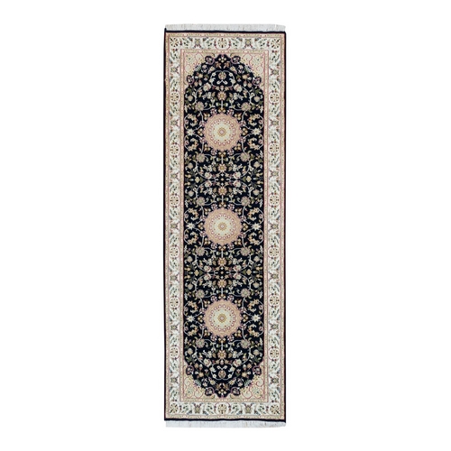 Midnight Blue, Pure Wool, Hand Knotted, Nain with Center Medallion Flower Design, 250 KPSI, Runner Oriental Rug