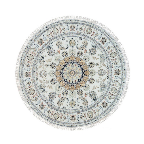 Powder White, Nain with Center Medallion Flower Design, 250 KPSI, Organic Wool, Hand Knotted, Round Oriental Rug