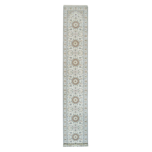 Powder White, 250 KPSI, Pure Wool, Hand Knotted, Nain with All Over Flower Design, XL Runner Oriental Rug