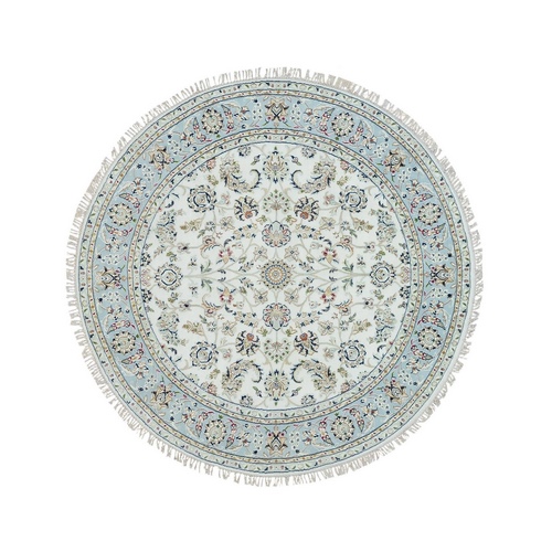 Powder White, 100% Wool, Hand Knotted, Nain with All Over Flower Design, 250 KPSI, Round Oriental Rug