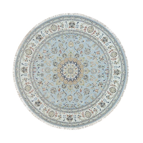 Beau Blue, Organic Wool, Hand Knotted, Nain with Center Medallion Flower Design, 250 KPSI, Round Oriental Rug