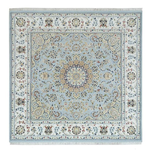 Beau Blue, Hand Knotted, Nain with Center Medallion Flower Design, 250 KPSI, Pure Wool, Square Oriental 