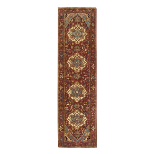 Terracotta Red, Hand Knotted, Antiqued Fine Heriz Re-Creation, Densely Woven, Natural Dyes, Extra Soft Wool, Runner Oriental Rug