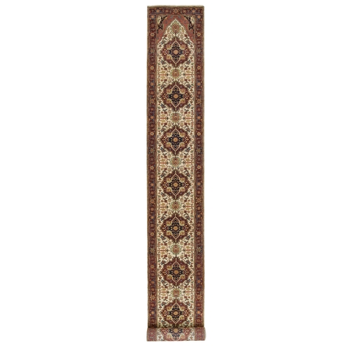 Ivory, Antiqued Fine Heriz, Re-Creation, Hand Knotted, Natural Wool, XL Runner Oriental 