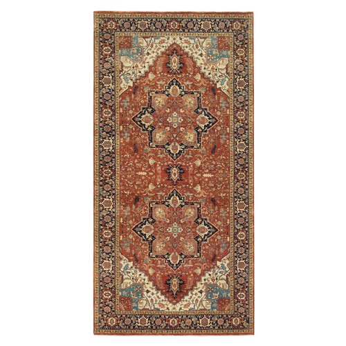 Terracotta Red, Natural Dyes Densely Woven, Pure Wool Hand Knotted, Antiqued Fine Heriz Re-Creation, Gallery Size Runner Oriental 