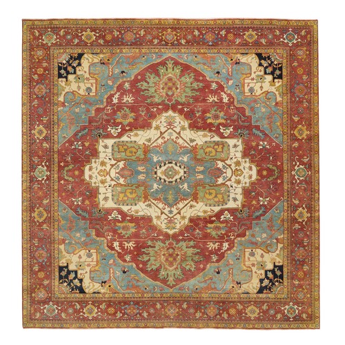 Terracotta Red, Hand Knotted Antiqued Fine Heriz Re-Creation, Natural Dyes Dense Weave, Extra Soft Wool, Square Oriental Rug