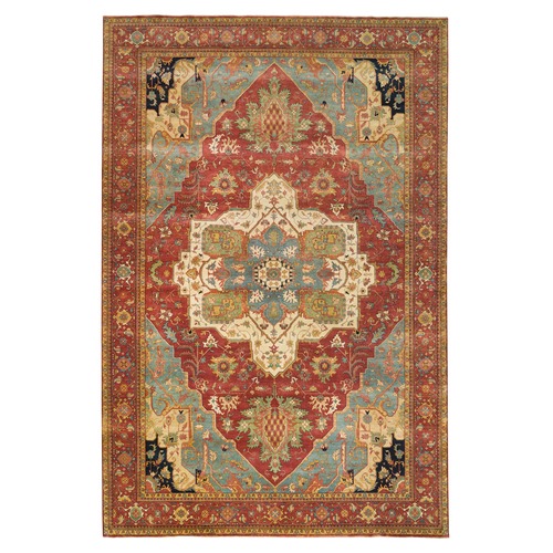 Terracotta Red, Densely Woven 100% Wool, Hand Knotted Antiqued Fine Heriz Re-Creation, Natural Dyes, Oversized Oriental Rug