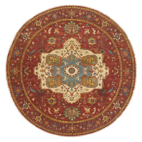 Terracotta Red, Hand Knotted, Antiqued Fine Heriz Re-Creation, Dense Weave, Natural Dyes, 100% Wool, Round Oriental Rug