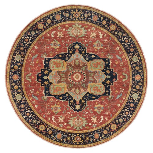 Terracotta Red, Antiqued Fine Heriz Re-Creation, Natural Dyes Dense Weave, Soft Wool Hand Knotted, Round Oriental Rug
