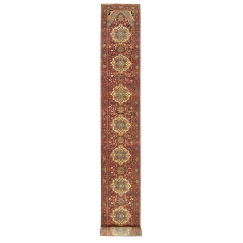 Terracotta Red, Hand Knotted, Antiqued Fine Heriz Re-Creation, Dense Weave, Natural Dyes, Pure Wool, XL Runner Oriental 
