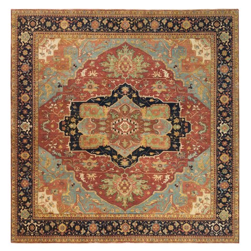 Terracotta Red, Natural Dyes Densely Woven, Pure Wool Hand Knotted, Antiqued Fine Heriz Re-Creation, Square Oriental Rug