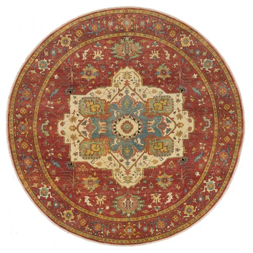 Terracotta Red, Natural Dyes Dense Weave, Organic Wool Hand Knotted, Antiqued Fine Heriz Re-Creation, Round Oriental Rug