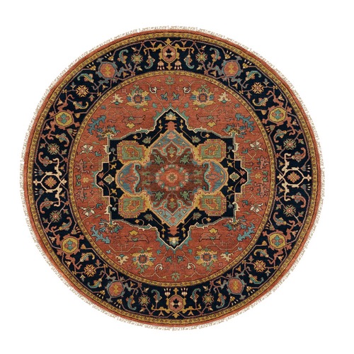 Terracotta Red, Hand Knotted, Antiqued Fine Heriz Re-Creation, Densely Woven, Extra Soft Wool, Natural Dyes, Round Oriental Rug