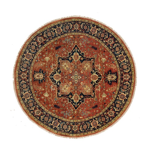 Terracotta Red, Natural Dyes, Dense Weave, Hand Knotted, Antiqued Fine Heriz Re-Creation, Organic Wool, Round Oriental Rug