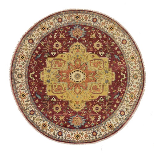 Terracotta Red, Organic Wool, Hand Knotted, Antiqued Fine Heriz Re-Creation, Densely Woven, Natural Dyes, Round Oriental Rug