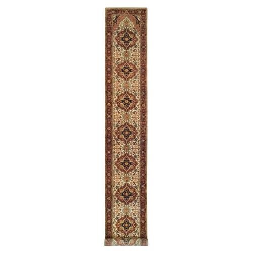 Ivory, Soft and Plush, Antiqued Fine Heriz Re-Creation, Hand Knotted, Pure Wool, Dense Weave, XL Runner Oriental 