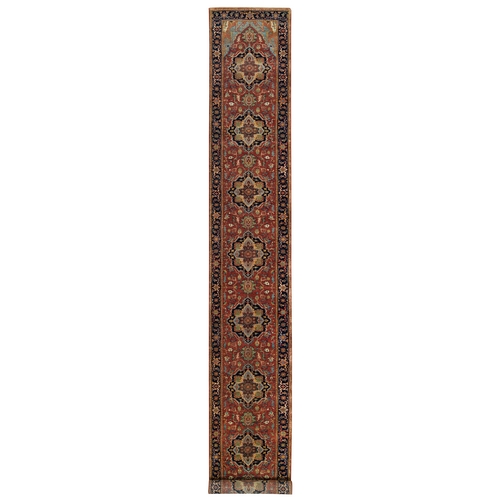 Terracotta Red, Extra Soft Wool, Hand Knotted, Antiqued Fine Heriz Re-Creation, Densely Weave, Vegetable Dyes, XL Runner Oriental 