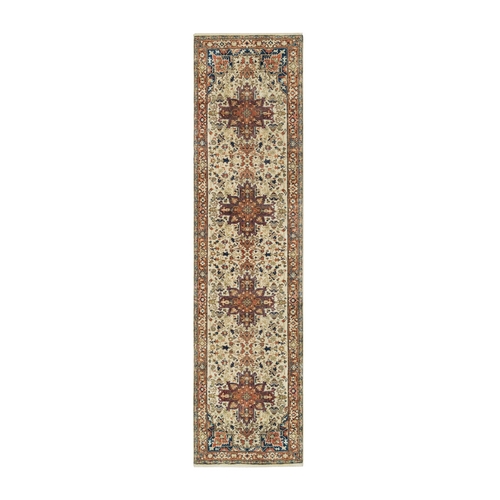 Beige, Antiqued Heriz Re-Creation with Geometric Medallions, Extra Soft Wool, Hand Knotted, Runner Oriental Rug