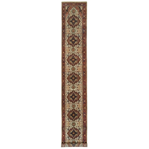 Ivory, Dense Weave, Plush and Lush, Natural Wool, Antiqued Fine Heriz Re-Creation, Hand Knotted, XL Runner Oriental 