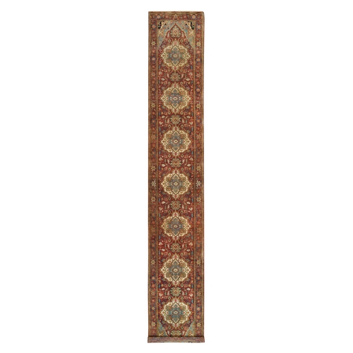 Terracotta Red, Vegetable Dyes, Hand Knotted, Soft Wool, Antiqued Fine Heriz Re-Creation, Densely Woven, XL Runner Oriental Rug