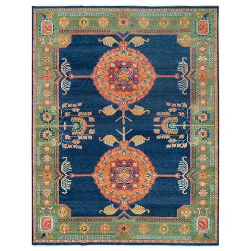 Navy Blue, Natural Dyes, Hand Knotted, Pure Wool, Colorful Samarkand Design, Thick and Plush, Oversize Oriental Rug