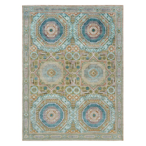 Ecru Brown, Hand Knotted Mamluk Design with Geometric Medallions, Textured Wool and Silk, Oriental 