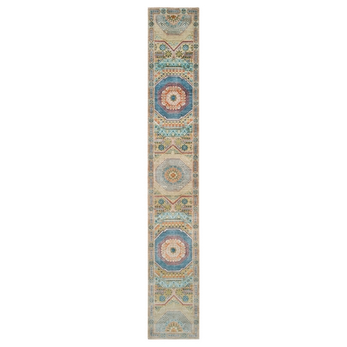Ecru Brown, Hand Knotted, Mamluk Design with Geometric Medallions, Textured Wool and Silk, XL Runner Oriental Rug