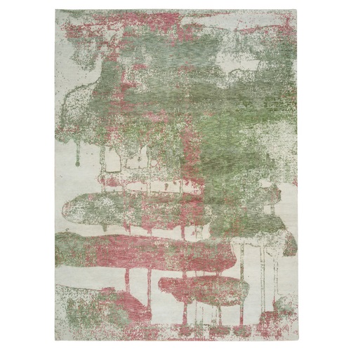 Spring Green, All Wool, Thick and Plush, Tone on Tone, Hand Knotted, Pastel Colors Dripping Clouds Design, Modern Rug 