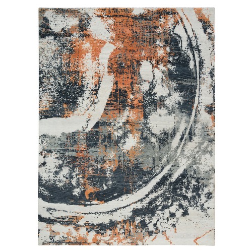 Black and Orange, Soft and Luxurious, Abstract with Curvilinear Motif, All Wool, Tone on Tone, Hand Knotted , Dense Weave, Modern 