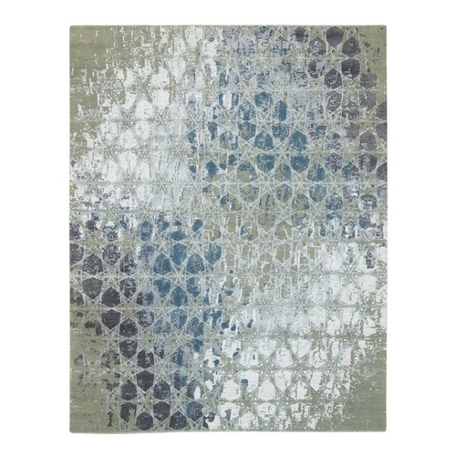 Gray and Blue, Wool and Silk, THE HONEYCOMB Award Winning Design, Hand Knotted, Oriental Rug