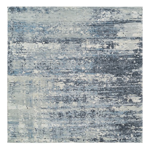 Blue and Gray, Dense Weave, Soft Pile, Hand Knotted, Modern Abstract with Mosaic Design, Wool and Silk, Square Oriental 